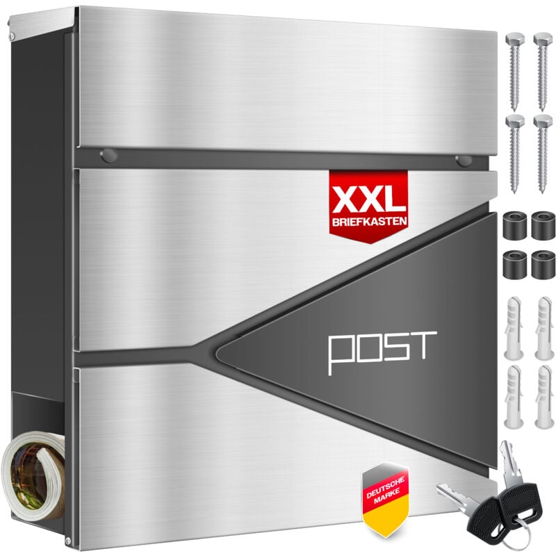 KESSER® Boîte aux lettres avec compartiment à journaux Boîte aux lettres murale en acier inoxydable 2x clés verrouillables Boîte aux lettres moderne