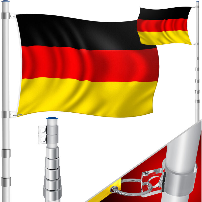 Mât de drapeau télescopique aluminium 6.30m douille au sol 60cm incl. drapeau allemand Hauteur réglable Mât de drapeau Allemagne Drapeau aluminium