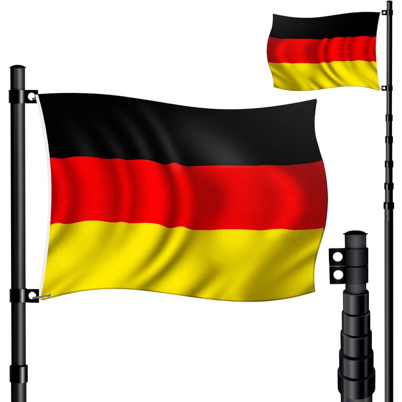 Mât de drapeau télescopique Aluminium 6.30m douille au sol 60cm y compris drapeau allemand Hauteur réglable Mât de drapeau Allemagne Drapeau Alu Noir