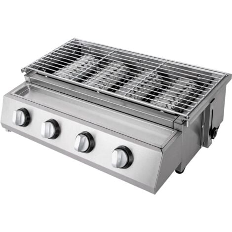 GOJOY Silber Gasbräter Gasgrill, 4 Brenner BBQ Tischgrill Edelstahl Gastrobräter LPG Gas Grills Höhenverstellbar Abnehmbarer Grill, für Camping Balkon Garten