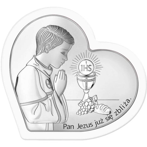 Silberbild mit Junge "Herr Jesus kommt" weißer Rahmen + Gravur 6750S-OW 13,5 x 12 cm