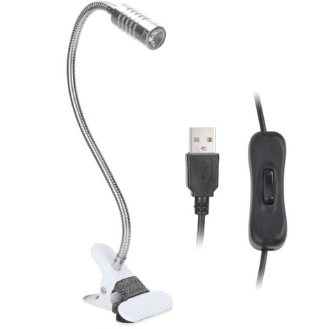 Silberne, flexible LED-Schreibtischlampe zum Anklemmen, warmes Licht, USB-Stromversorgung, perfekt zum Lesen.