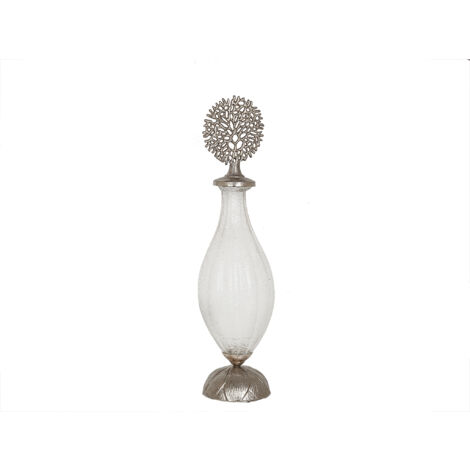 Silberne Glasflasche, goldener Metalldeckel, 13 x 13 x 49 cm
