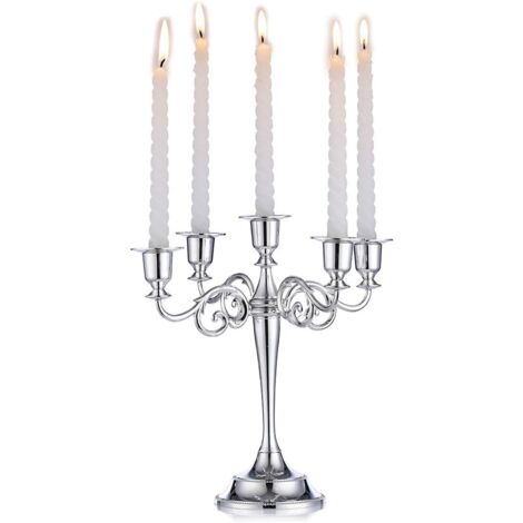Silberner Kandelaber-Kerzenhalter, 5-armiger Kerzenhalter, 27 cm hoch, stellt Spitzkerzen für Tafelaufsätze, Geburtstagsfeiern, Hochzeiten, Esstische und Weihnachtsdekorationen dar