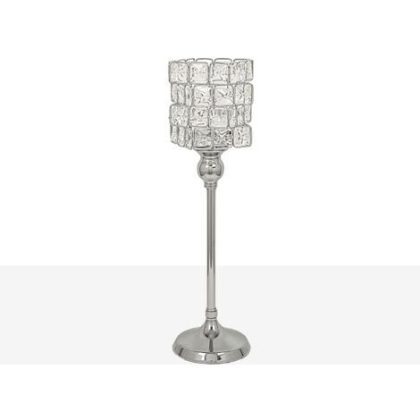 Silberner Kerzenhalter aus Metall/Glas, 13 x 13 x 40 cm