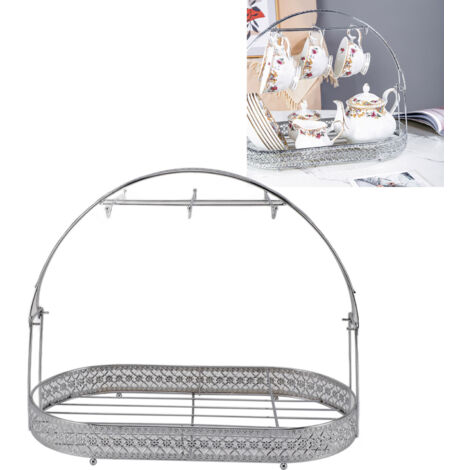 Silberner Metall-Tassenhalter mit 6 Haken und Aufbewahrungskorb – Organizer für Tassen, Teller und Büroaccessoires (40 cm x 21,5 cm x 32 cm)