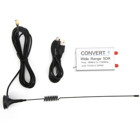 Silberner USB-RTL-SDR-Empfänger (100 kHz–1,7 GHz) mit HF/UV-Antenne und Kühlkörper