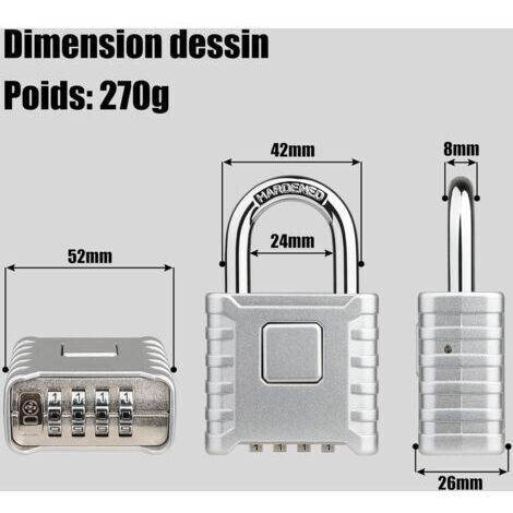 Silbernes 4-stelliges Zahlenschloss, 52 mm, wasserdicht, robust und diebstahlsicher, 8 mm Zahlenschloss mit Riegel, Garagentorschloss, für Gärten, Höfe, Tore, Zäune, Schließfächer