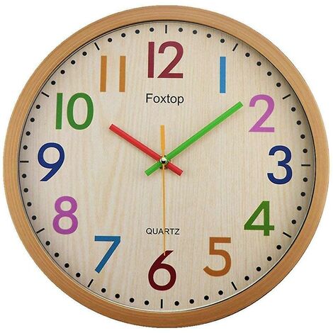 Silencieuse sans Tic-tac Enfants Horloge Murale Décorative Colorée Facile à Lire pour Classe École Cuisine Salon Chambre Maternelle (Diamètre: 30 cm)