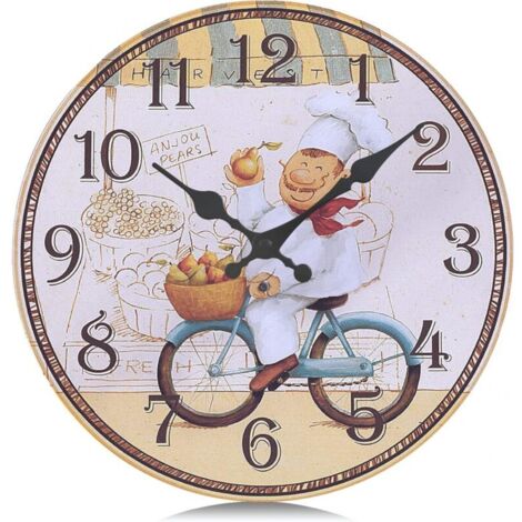 Silent 30cm Yellow Wooden Kitchen Wall Clock, Rustic Quartz Wall Clock with Chef Design for Dining Room