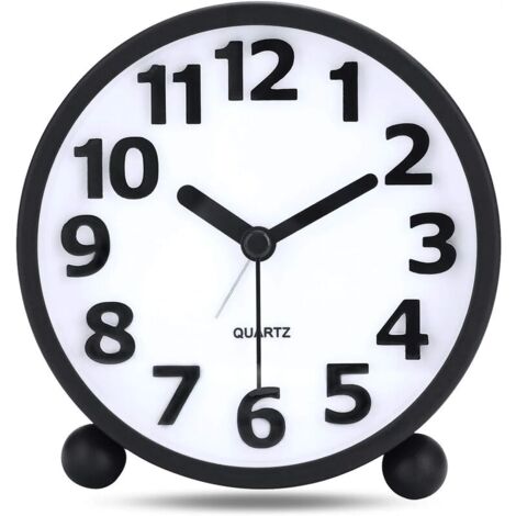 Silent Analog Alarm Clock,Black Metal Large 3D Digits,Non Ticking Table Clock with Night Light Bedside Alarm Clock 10.5cm