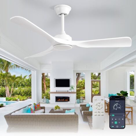 Silent ceiling fan without light: 132CM Fan with remote control and APP for patio garden - Large reversible ceiling fan with DC timer for bedroom, living room, white