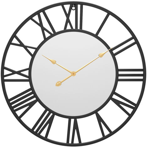 Silent Wall Clock, European Vintage Farmhouse Clock with Roman Numerals, 40cm Non Ticking Battery Operated Metal Skeleton Decorative Clock for Home Kitchen (Black)