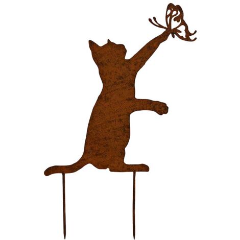 Silhouette déco en fer chat et papillon 30 x 45 cm – Fer patiné marron – Pour massif de fleurs ou pelouse – Éléments décoratifs jardin – La Grande Prairie