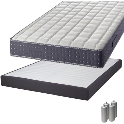 SILHOUETTE - Pack Matelas 140x190 + Sommier Tapissier Démontable 2x20 Lattes Anthracites + Pieds Argent 15cm