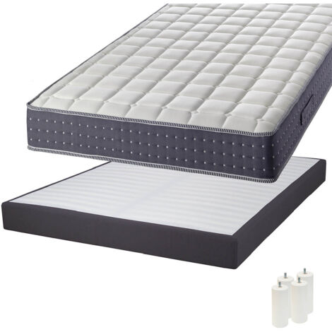 SILHOUETTE - Pack Matelas 140x190 + Sommier Tapissier Démontable 2x20 Lattes Anthracites + Pieds Blancs 15cm