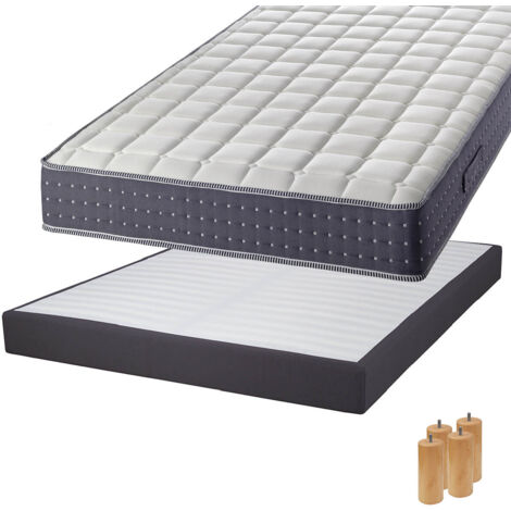 SILHOUETTE - Pack Matelas 140x190 + Sommier Tapissier Démontable 2x20 Lattes Anthracites + Pieds Bois 15cm