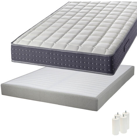 SILHOUETTE - Pack Matelas 140x190 + Sommier Tapissier Démontable 2x20 Lattes Lin + Pieds Blancs 15cm