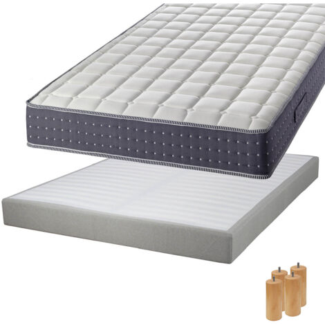 SILHOUETTE - Pack Matelas 140x190 + Sommier Tapissier Démontable 2x20 Lattes Lin + Pieds Bois 15cm