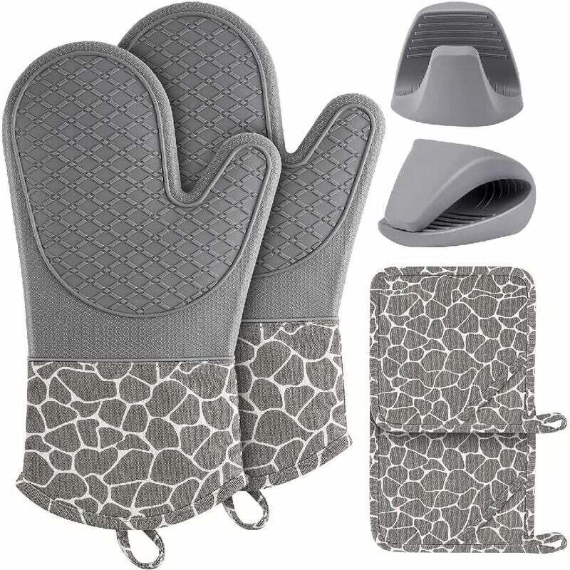Silicone antidérapants Résistants à la Chaleur 2 Gants 2 maniques 2 Pinces à Main pour Cuisine, Four, Micro-Ondes, Barbecue, pâtisserie (Gris)
