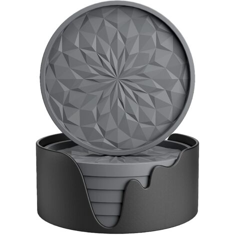 Silicone Coasters with Holder, Coasters for Hot or Cold Drinks, Thick, Non-Slip, Deep Tray, Dark Grey, Set of 6