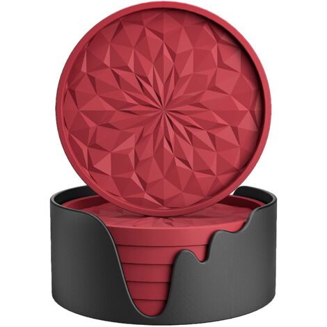 Silicone Coasters with Holder, Coasters for Hot or Cold Drinks, Thick, Non-Slip, Non-Stick, Wine Red, Set of 6