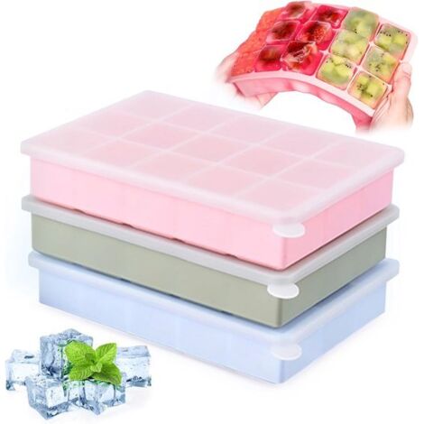 Silicone Ice Cube Set - 3-Piece Set with Lid - 15 Large Cubes Per Mold - BPA-Free - Stackable - Suitable for Water, Whiskey, Cocktails, and Fruit - Blue/Green/Pink