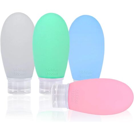 Silicone Travel Flask，4Pcs 100ml Leakproof Empty Bottle Container Kit，Refillable Portable Travel Accessories，FDA Approved BPA Free
