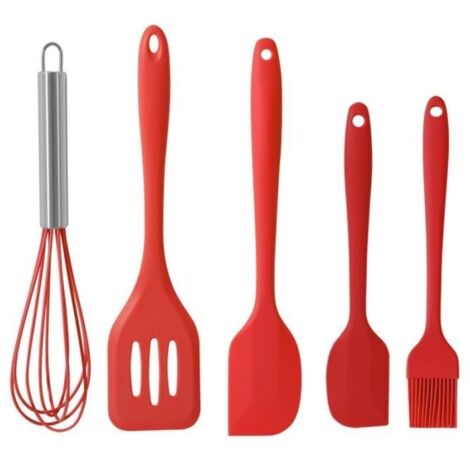 Silicone Ustensile de Cuisine Set Ustensiles de Cuisine 5pcs Silicone Ustensiles de Cuisine Set Brosse Outils de Cuisine (Rouge)