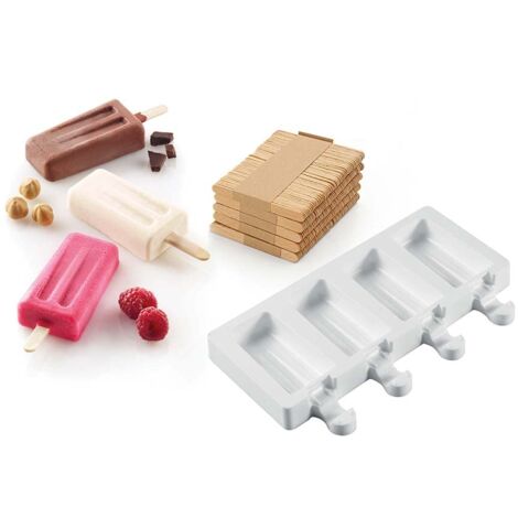 silikomart  GEL10M Stampo in Silicone per Gelati MINI VINTAGE, Antiaderente, 4 cavità, Confezione da 1 Stampo per Dolci + 50 Stecchi in Legno, Easy Ice Cream, 93 x 48 mm, h 18 mm, Made in Italy
