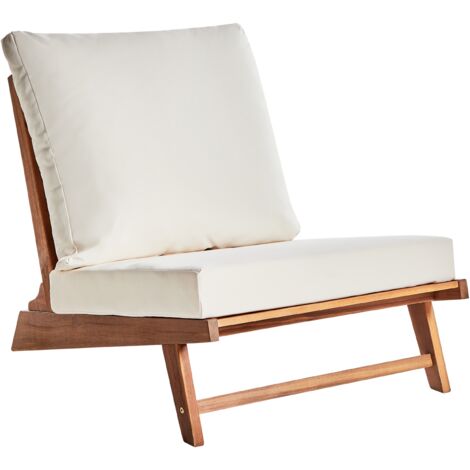 Silla baja de madera de acacia con cojines de asiento y respaldo muebles de exterior interior jardín madera clara y blanco Micciano