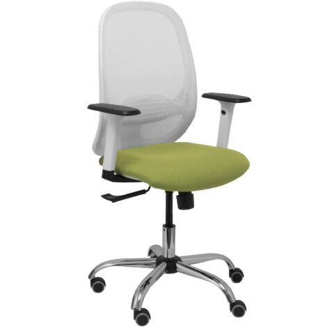 Silla Cilanco blanca malla blanca asiento bali verde oliva brazo regulable base cromada ruedas de parqué