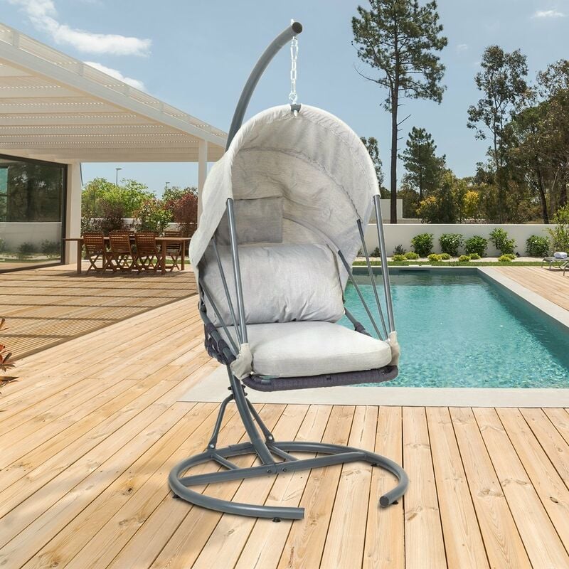 

Silla colgante con marco y cojín gris-blanco columpio soporte acero hasta 150 kg