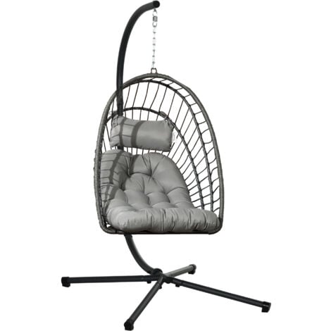 Silla colgante de ratán sillón colgante plegable con cojín reposacabezas y marco de acero carga 100 kg para interior y exterior