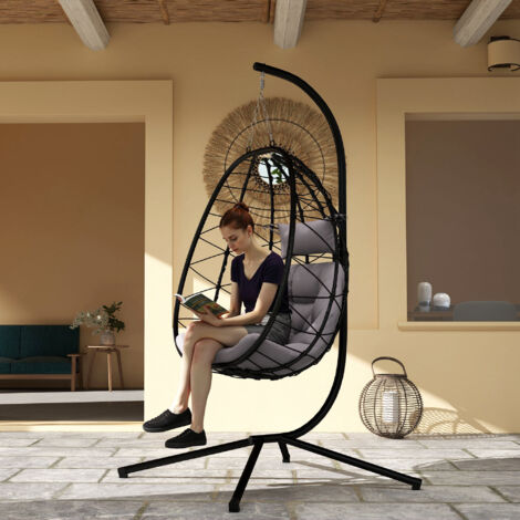 Silla Colgante Huevo con Soporte con Cesta Plegable Cojín y Reposacabezas para Interior y Exterior Carga 120 kg Gris