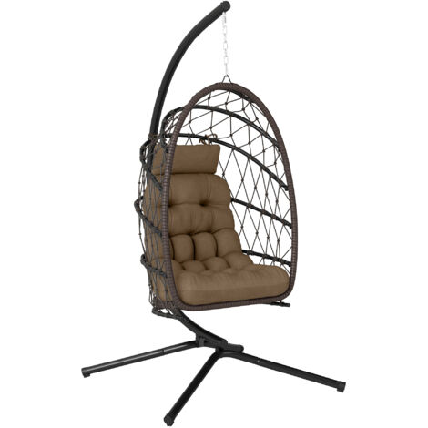 Silla colgante marrón con forma de huevo, soporte plegable tipo cesta, almohada, reposacabezas, funda protectora y cuerda con capacidad de carga de 120 kg.