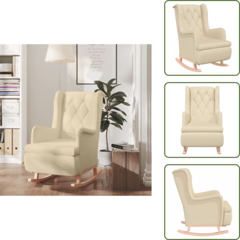 Silla con espuma - vidaXL Sillón con patas mecedoras madera maciza caucho y tela crema - Silla de diseño