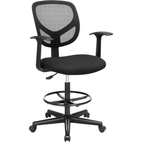 SONGMICS Silla con Reposabrazos, Silla de Oficina de Malla, Silla de Pintura Ergonómica con Reposapiés Regulable en Altura, Taburete Giratorio para Tareas de 360°, Negro