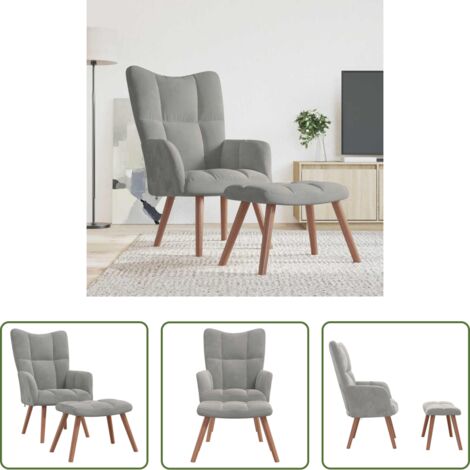 Silla con taburete -  Sillón de relax con taburete de terciopelo gris claro