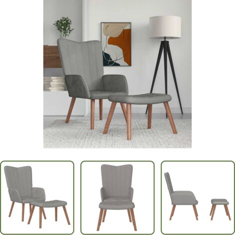 Silla con taburete -  Sillón de relax con taburete de terciopelo gris claro