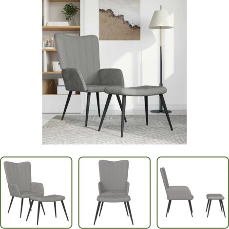 Silla con taburete -  Sillón de relax con taburete de terciopelo gris claro