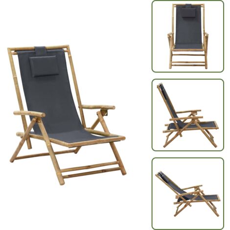 Silla de bambú - vidaXL Silla de relax reclinable de bambú y tela gris oscuro - Silla plegable
