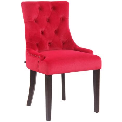 Silla de comedor con costuras decorativas y botones, asiento de terciopelo rojo y patas de madera oscura 100001929