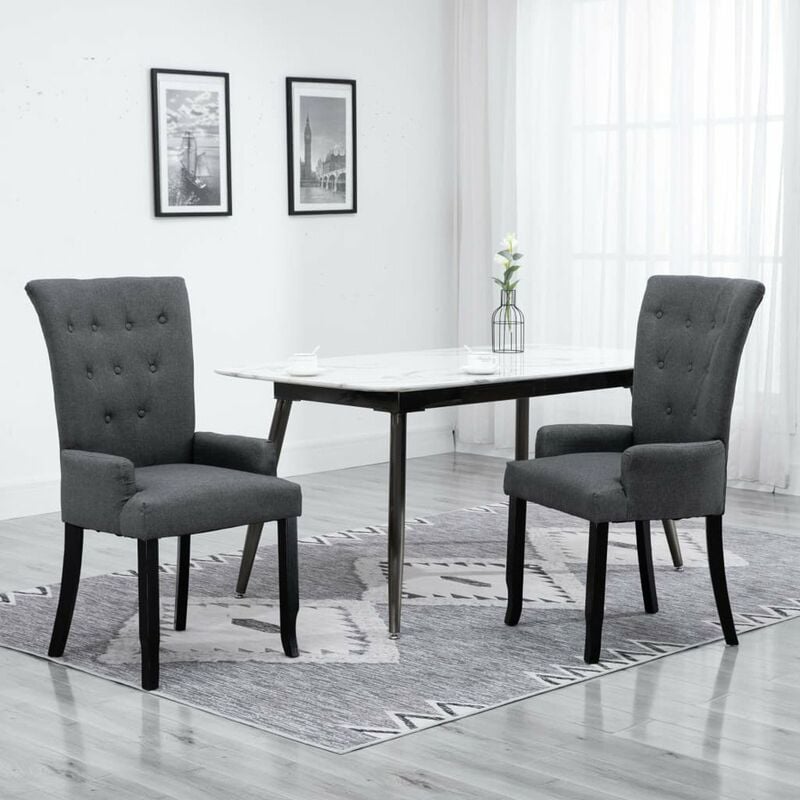 

Silla de comedor con reposabrazos de tela gris oscuro