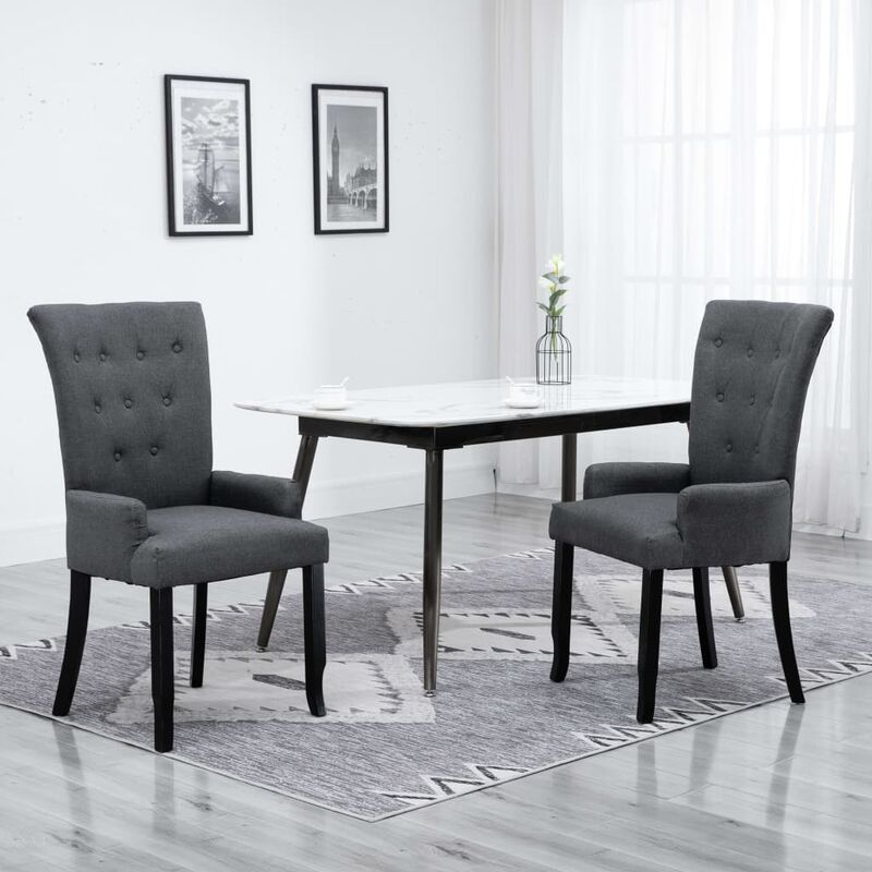 

Silla de comedor con reposabrazos de tela gris oscuro