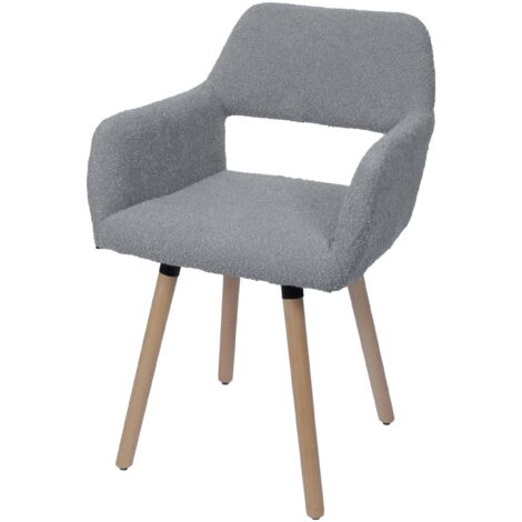 Silla de comedor de estilo moderno con reposabrazos en tejido bouclé gris y patas de madera de haya 040009859