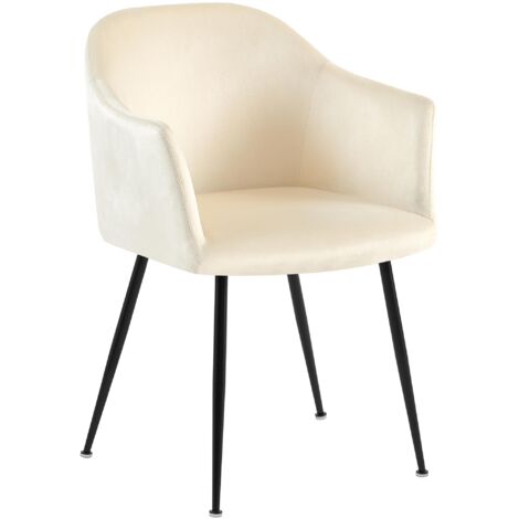 Silla de comedor de terciopelo crema con respaldo redondeado y patas de metal negro modernas y atemporales 100007497