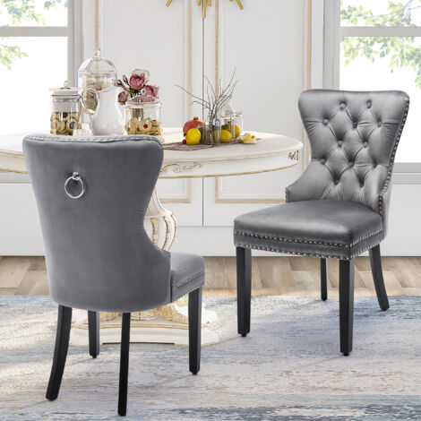 Silla de comedor, dormitorio/cocina/salón, patas de roble, terciopelo, 2 piezas, gris