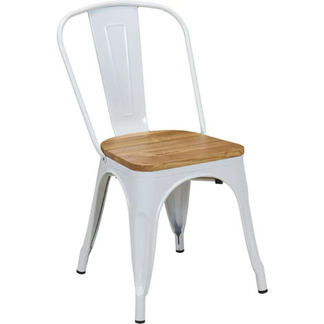 Silla de comedor estilo industrial Factory en metal blanco y asiento de madera clara CDS09310