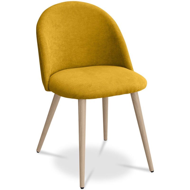 

Silla de comedor Evelyne Diseño Escandinavo Premium Amarillo Metal con pintura de transferencia de madera, Lino, Madera